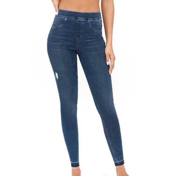SPANX Denim - Spanx Distressed Skinny Released Hem Dark Wash Jeggings Sz M